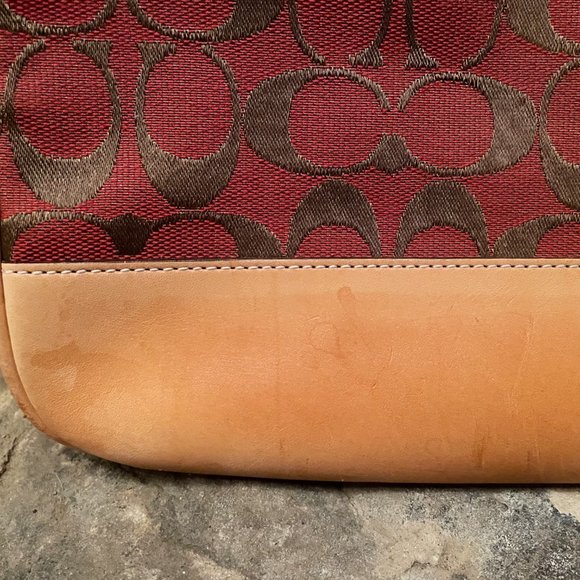 Coach Signature Zip Top Tote Red Canvas Tan Leather Trim Handbag - Picture 7 of 9